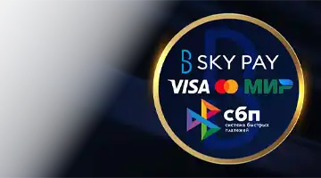 Изображение популярных платежных логотипов, таких как Visa, Mastercard и МИР, а также Sky Pay, подчеркивающее гибкость платежей в Казино Monro онлайн-казино.